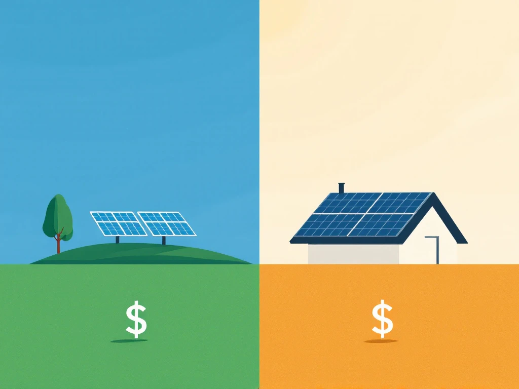 Split-screen comparison of ground-mounted versus rooftop solar installations, with dollar sign shadows suggesting higher costs for ground systems