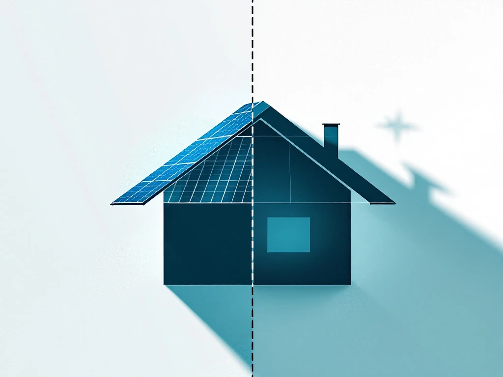 Minimalist house with solar panels shown half-protected by insurance umbrella symbol, highlighting coverage question with blue-green accents