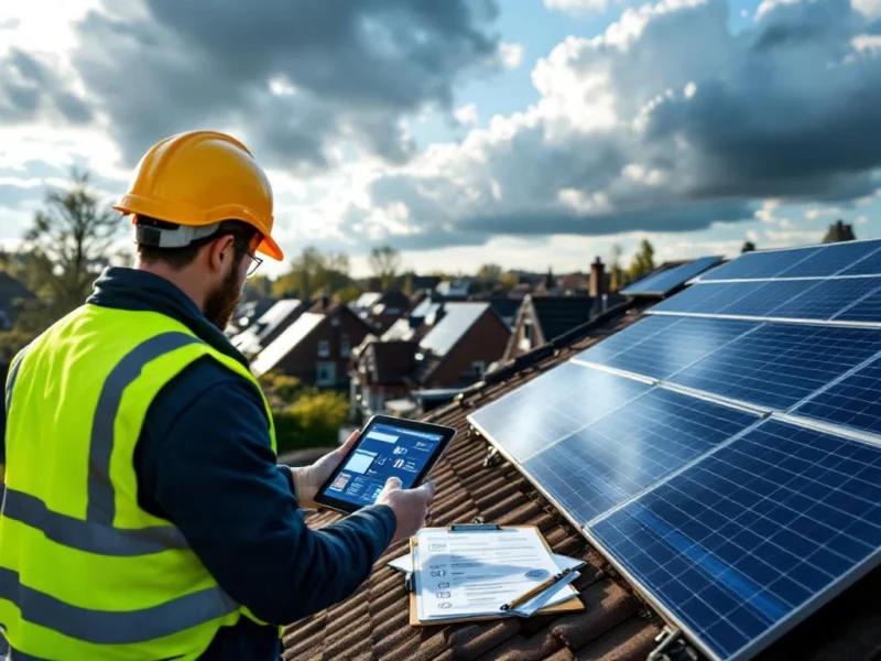 Inspector conducting Scope 12 inspection on solar panels in Dutch residential area with certification documents and digital tablet nearby.