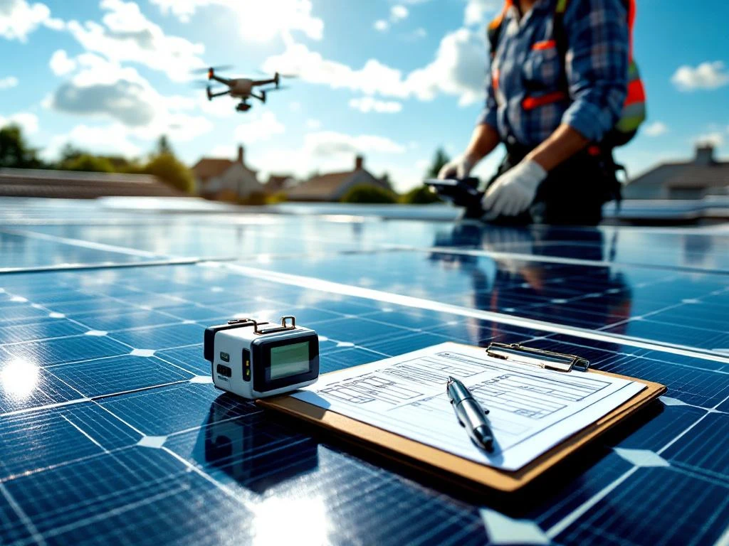 Solar panel inspector examining rooftop installation with specialized equipment while drone captures data; clipboard and digital meter visible in sunlight. Scope 12 certification