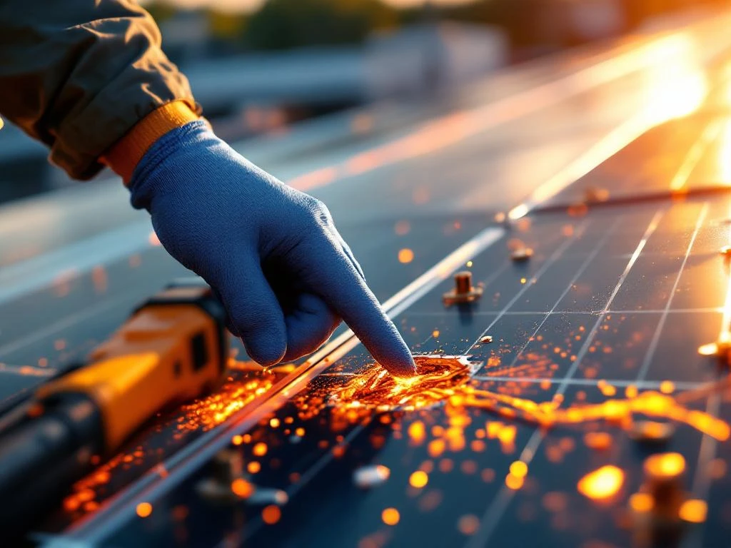 Technician in blue glove points to solar panel defects, with damaged wiring and misaligned hardware visible under inspection equipment and thermal imaging device.