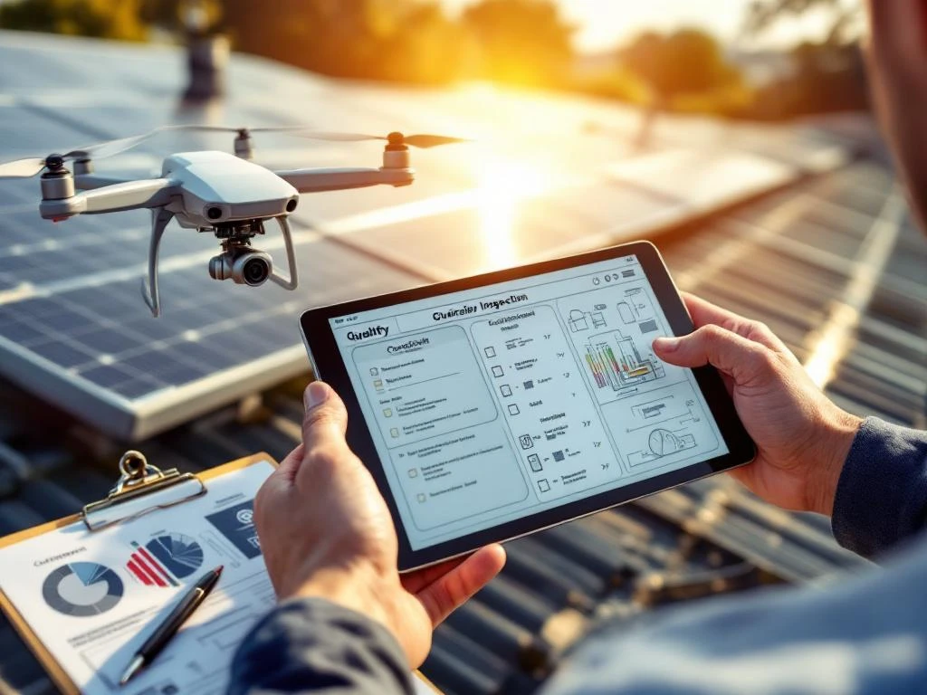 Solar panel inspector examines rooftop installation with tablet as drone captures data. Junction boxes and wiring under quality check.
