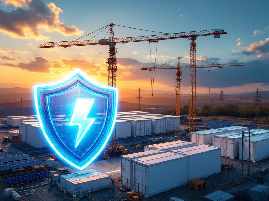 Luchtfoto van een bouwplaats voor energieopslag bij zonsondergang met kranen die witte containers en een blauw schild installeren