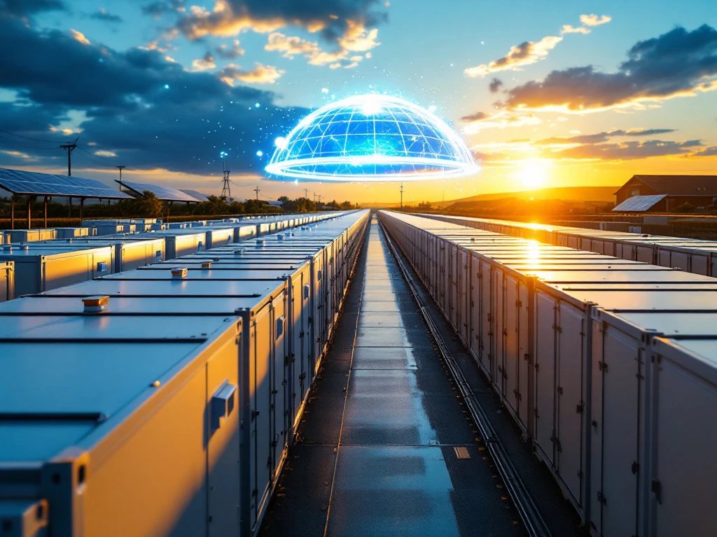 Industriële batterij-energieopslagfaciliteit met witte containers in rijen, beschermende koepel erboven, gouden zonlicht en blauwe energie-effecten.