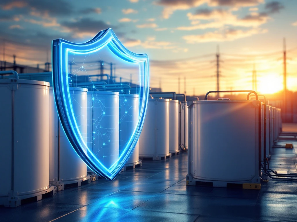 Commercial battery energy storage facility with white cylindrical containers and blue protective shield symbol overlay.