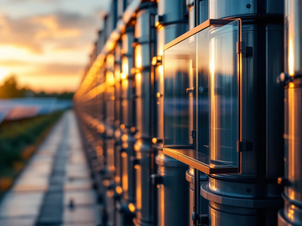 Industrieel energieopslagsysteem op batterijen met metalen containers in rijen, beschermend glazen schild en zonnepanelen op achtergrond