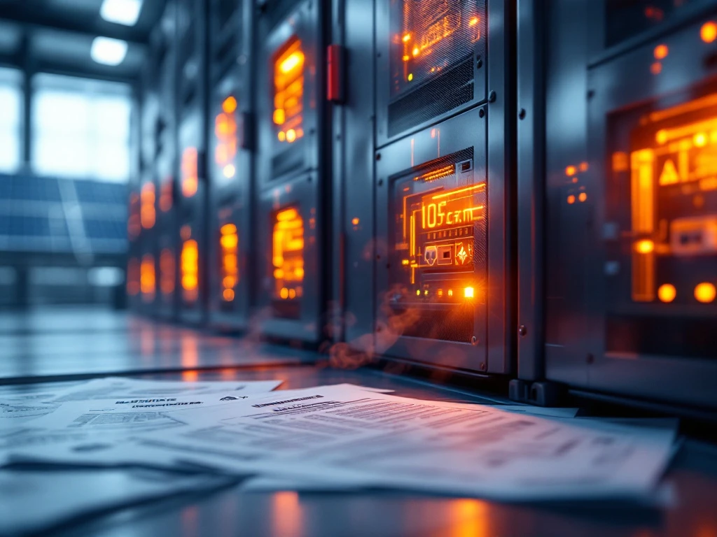 Industrieel batterijopslagsysteem met thermische schade met oranje hittegloed, rook en verzekeringsdocumenten op de voorgrond.