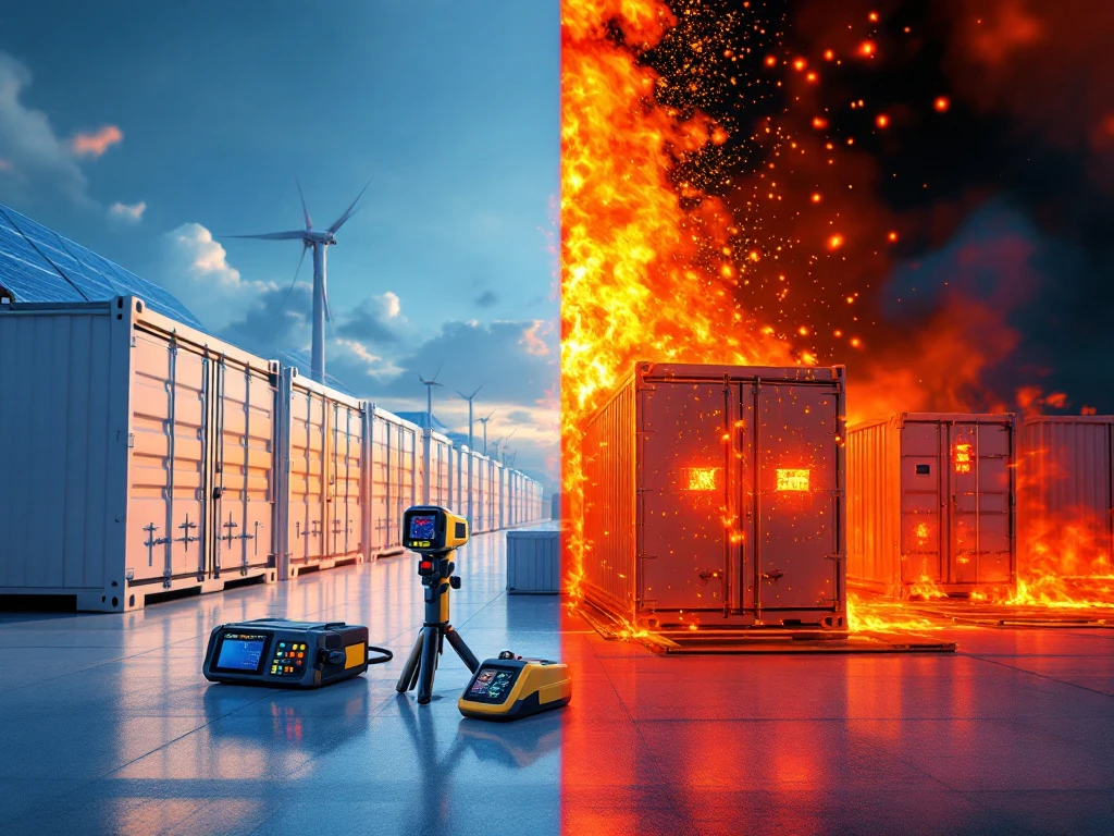Battery energy storage facility split-screen: normal white containers with solar panels versus thermal runaway heat signatures with inspection equipment in foreground.
