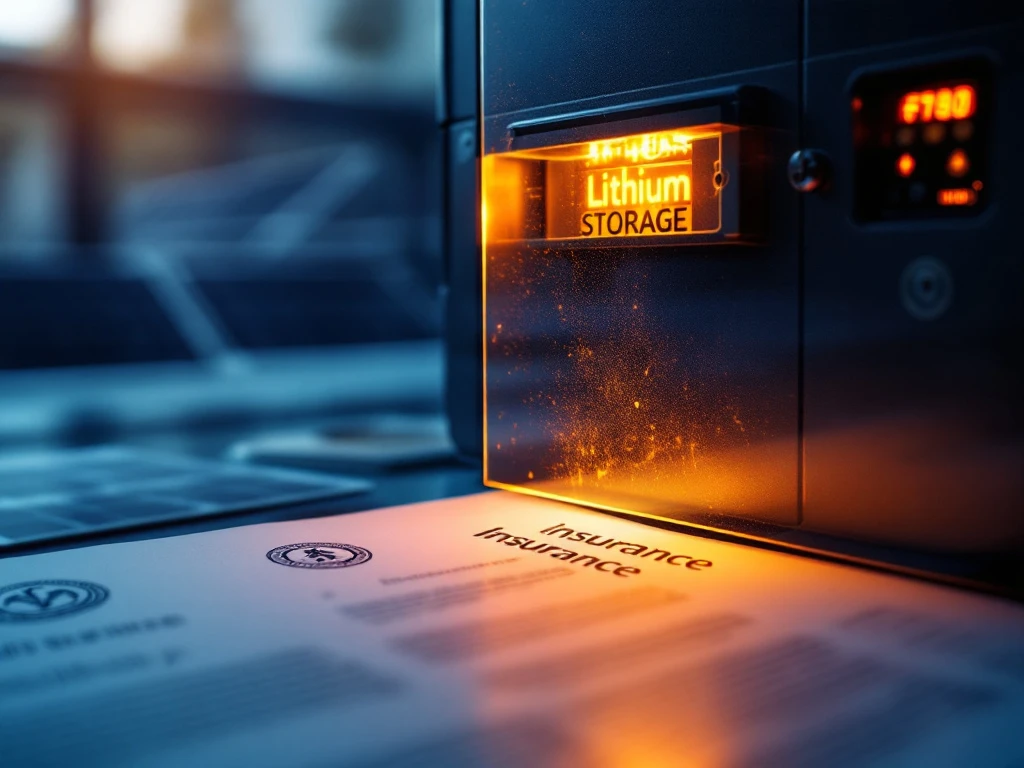 Lithium accu-opslag met beschermend schild dat vlammen afweert, verzekeringspolisdocument zichtbaar, zonnepanelen op achtergrond