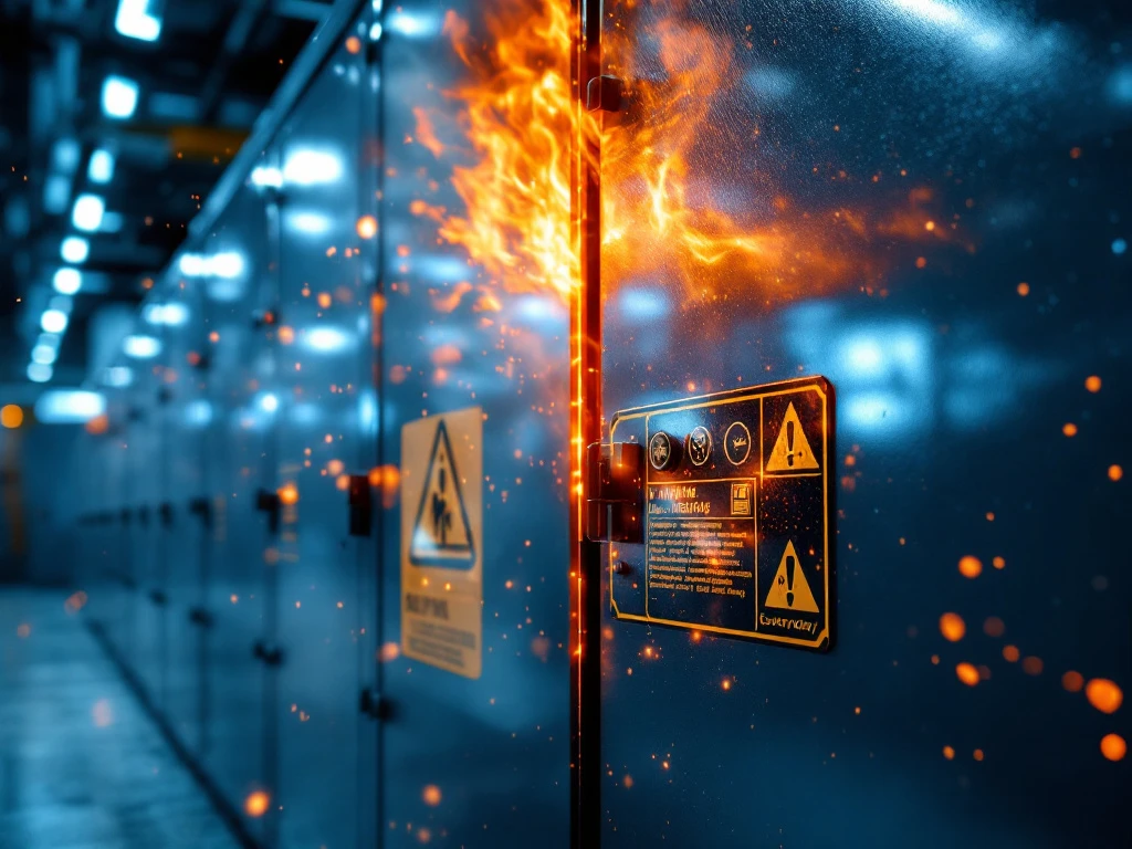 Industriële accu-opslag in brand met noodsprinklers geactiveerd in zonne-energiefaciliteit, toont veiligheidsprotocollen