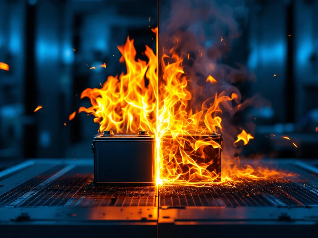 Veiligheidstest van batterijen waarbij lithium-ionvlammen worden vergeleken met loodzuurvlammen in een professionele laboratoriumomgeving