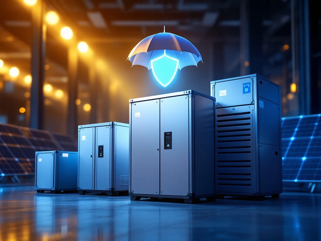 Battery storage systems including lithium-ion containers and wall-mounted units in industrial setting with solar panels