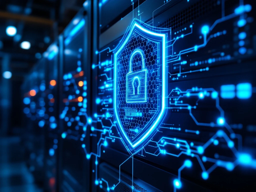 Industriële batterijopslag met oplichtende blauwe LED-indicatoren beschermd door doorschijnend digitaal cyberbeveiligingsschild