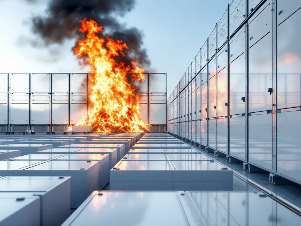 Battery storage facility with white industrial units in rows, flames emerging from background section, protective glass barrier in foreground