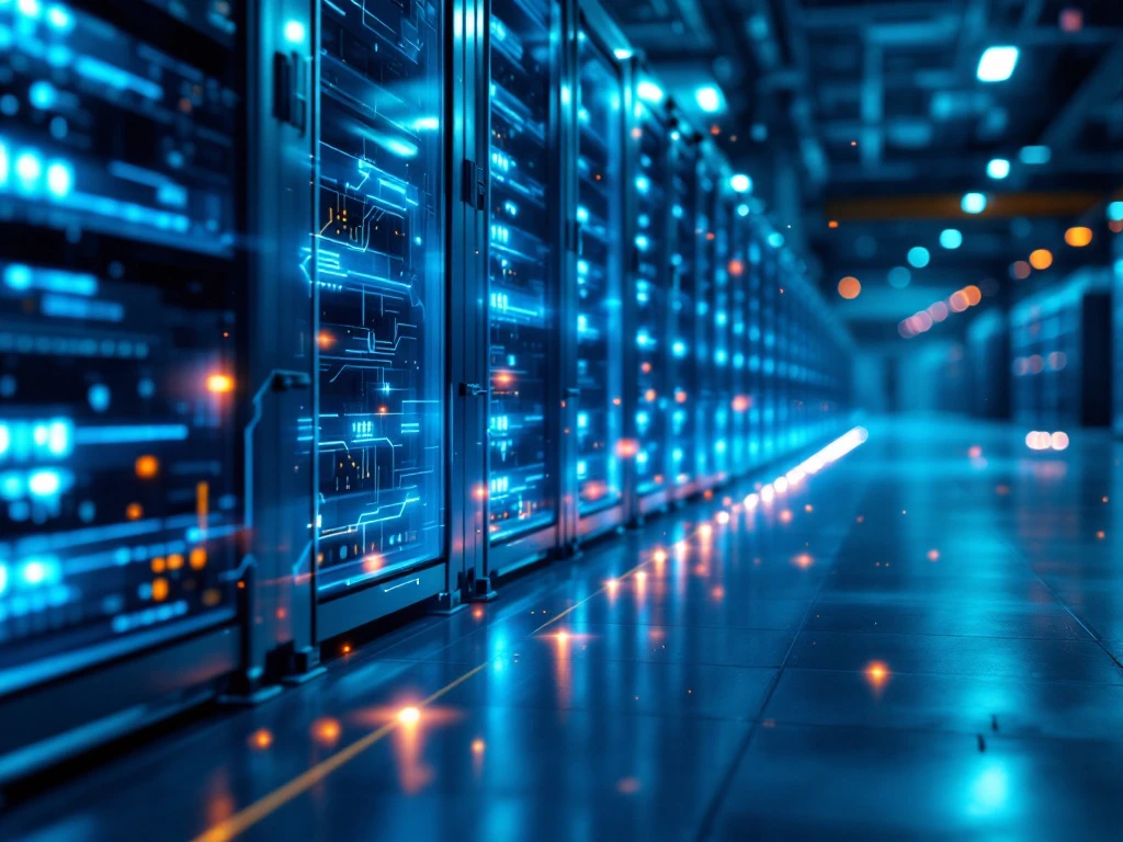 Industrial battery storage facility with metallic units in rows under blue LED lighting and digital shield overlay