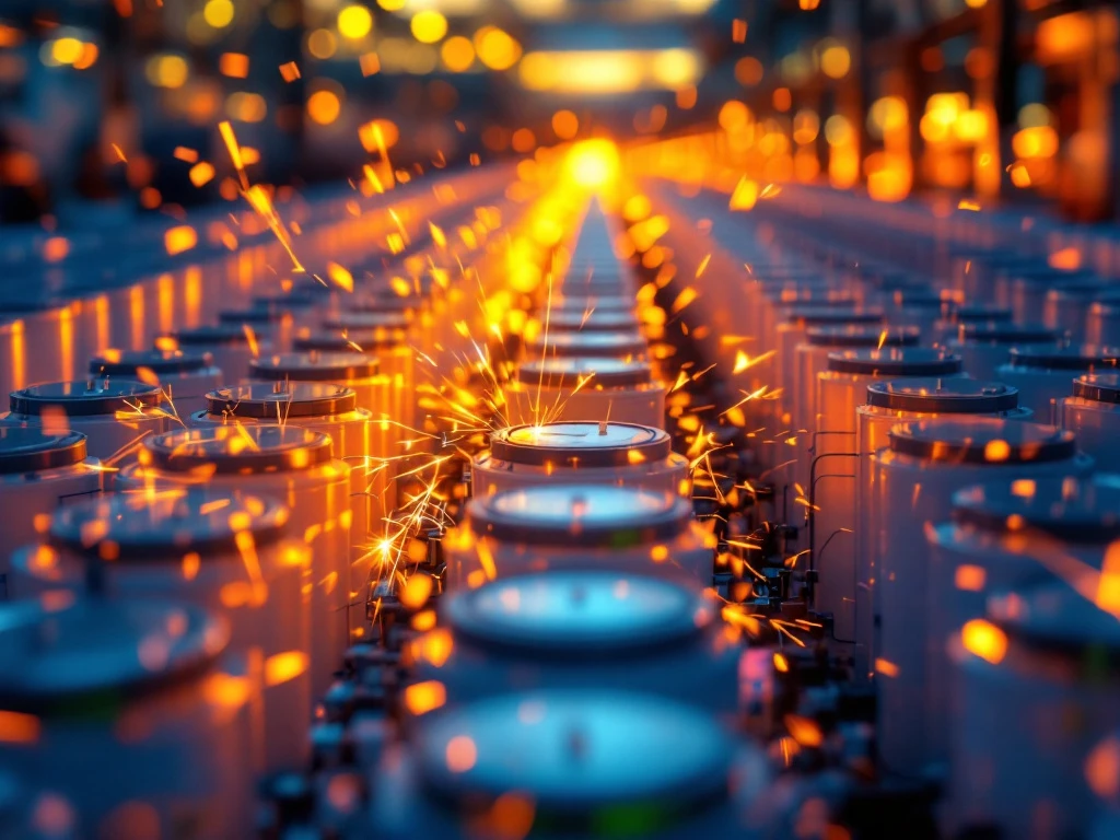 Industrial battery storage facility with white cylindrical units in rows, glass safety barrier in foreground, golden lighting