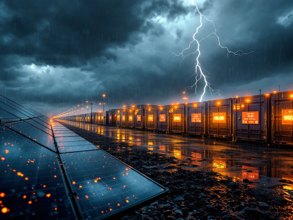 Industrial battery storage facility during thunderstorm with lightning, rain-soaked solar panels, and thermal heat monitoring displays.