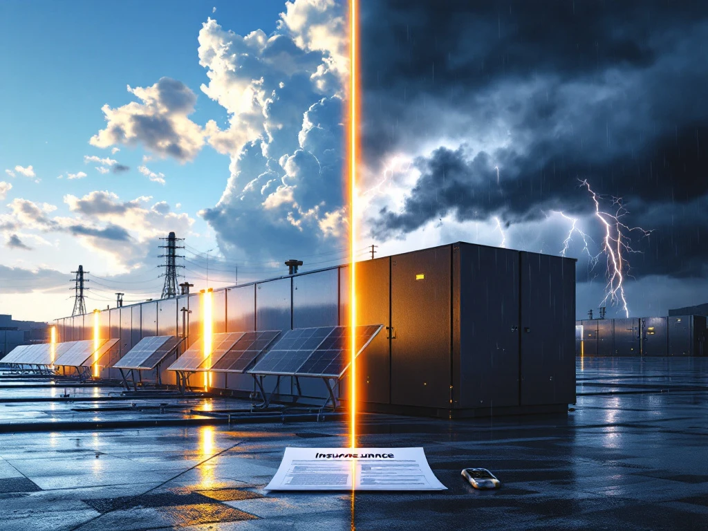 Industrial battery storage facility split-screen: sunny conditions with solar panels on left, severe storm with lightning on right.