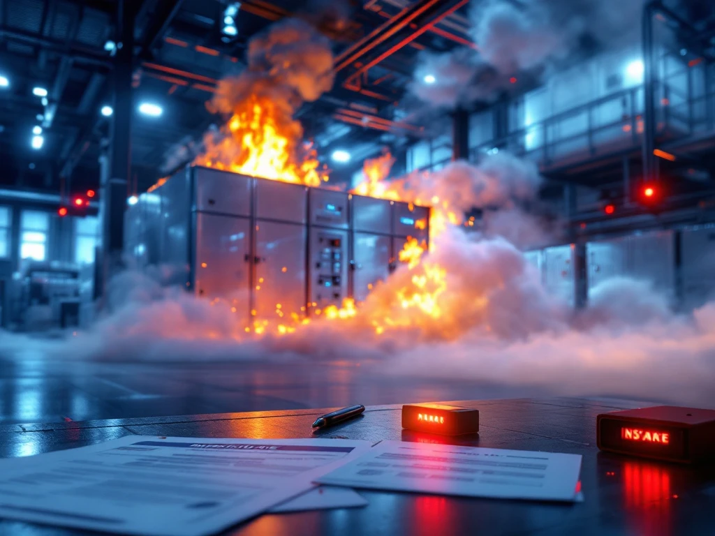 Industrial battery storage facility fire with activated sprinklers and safety barriers, insurance documents on desk in foreground