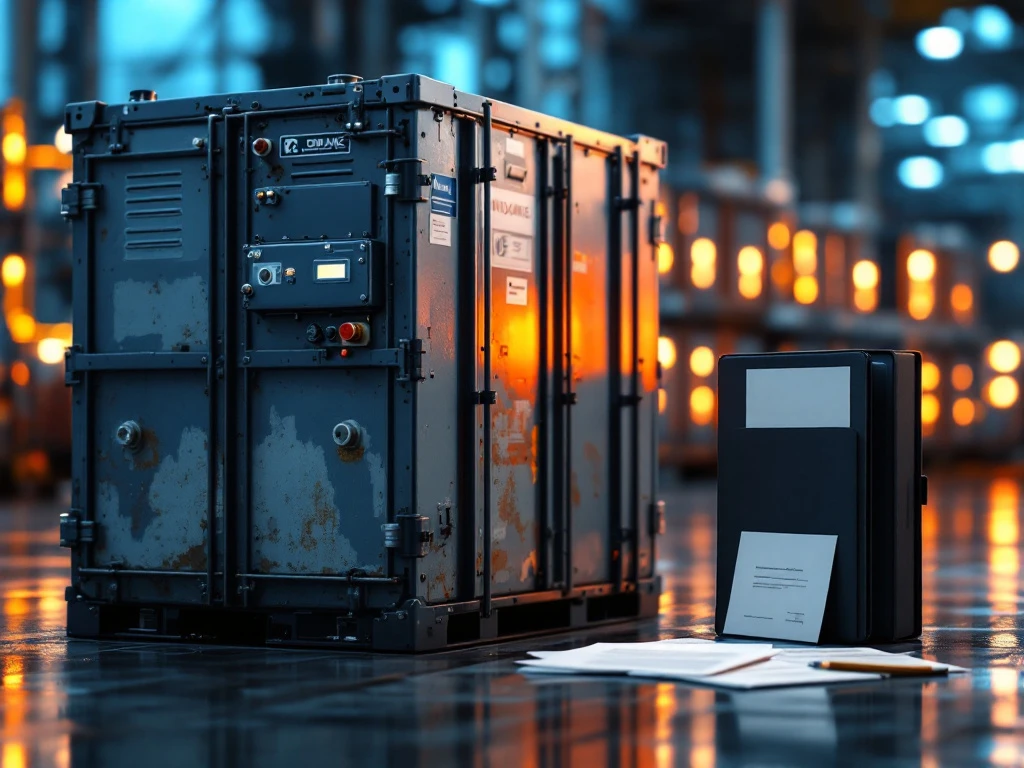 Industrial battery storage unit showing weathered condition next to new battery cells with insurance documents for energy infrastructure assessment.