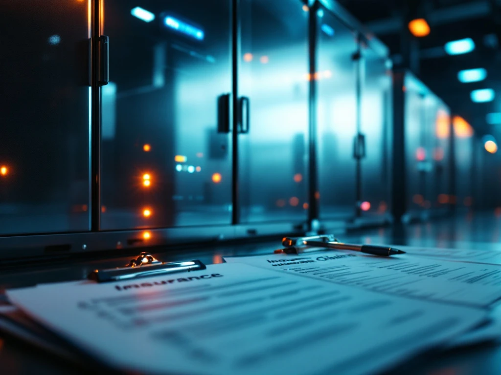 Industriële batterijopslag met metalen behuizing en LED-indicatoren, omringd door verzekeringspapieren en inspectieformulieren.