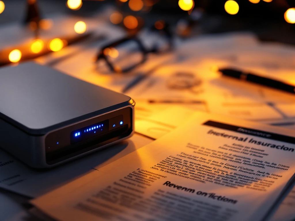 Modern battery storage unit with blue LED indicators next to insurance documents and digital tablet showing renewal notifications.