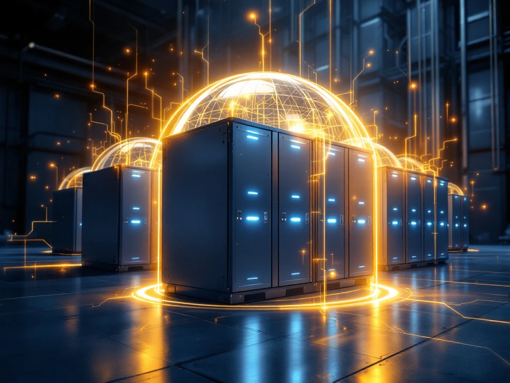 Industrial battery storage units with blue LED indicators under protective golden light dome representing insurance coverage