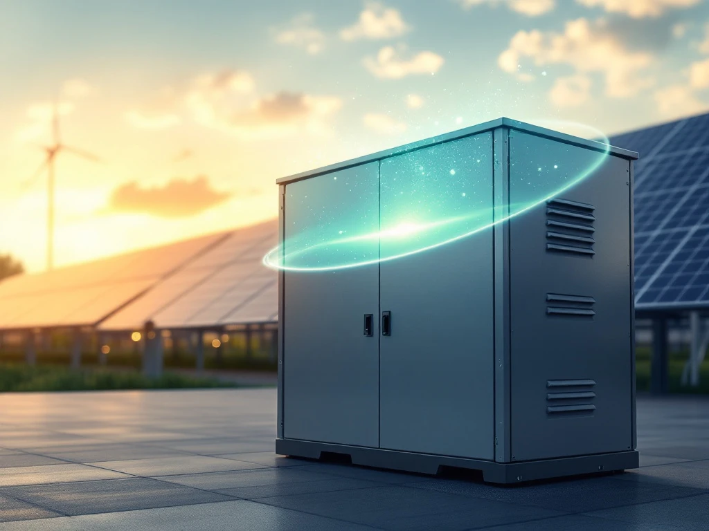 Industrial battery storage unit with protective shield and solar panels in background under golden sunlight.