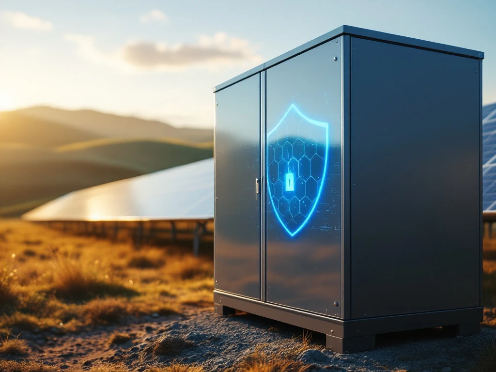 Industrial battery storage unit with digital security shield overlay and solar panels on hills at golden hour