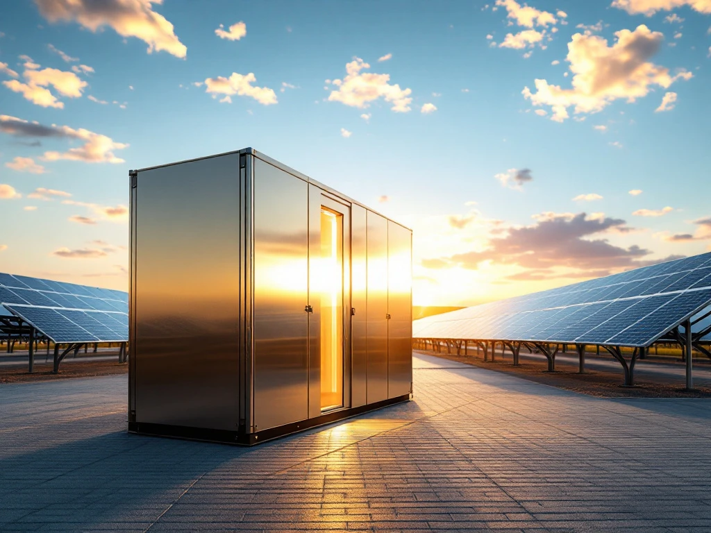 Industriële accu-opslag met beschermend koepelschild bij zonnepaneelinstallatie onder strakblauwe hemel