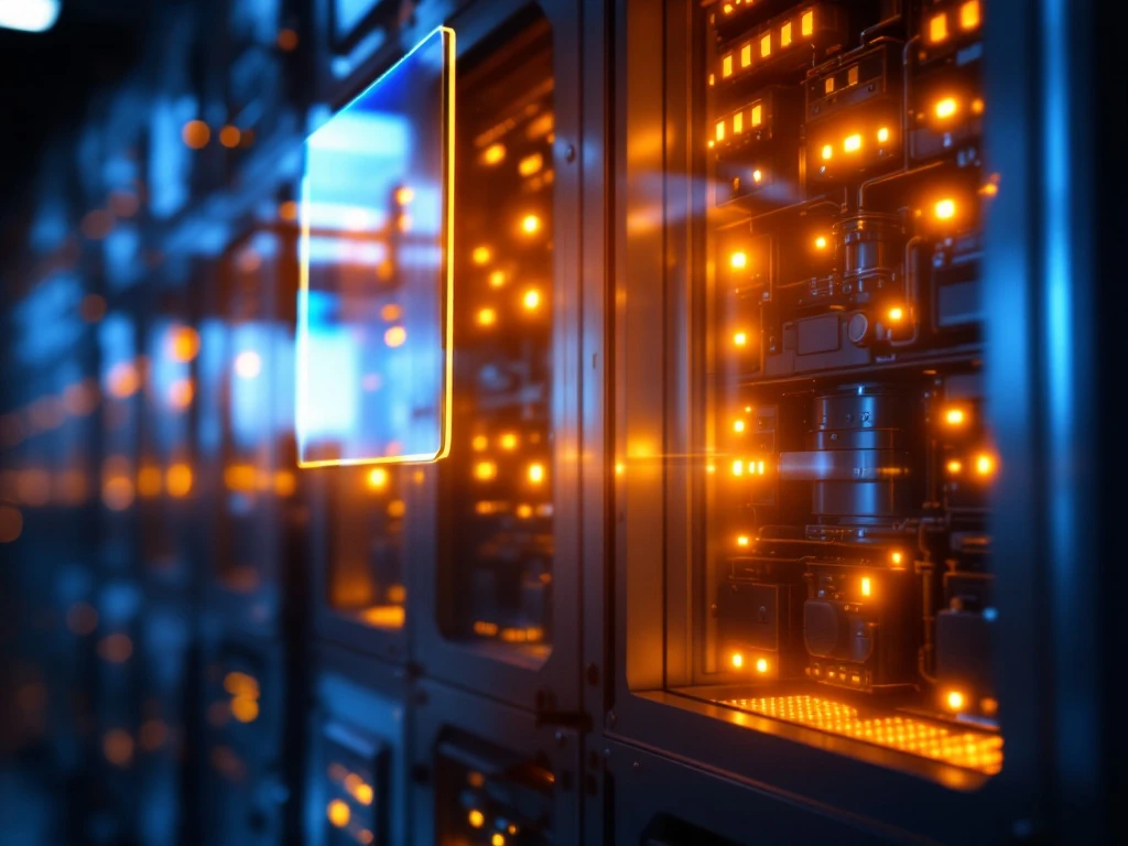 Industrial battery storage system with metallic housing under dramatic blue and orange lighting and protective shield overlay.