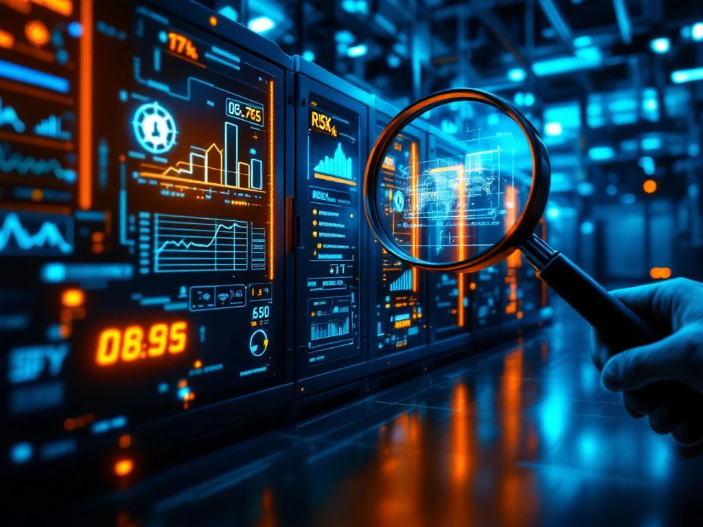 Industriële lithiumbatterij-opslagunit met diagnosepanelen en vergrootglas die technische analyse symboliseren