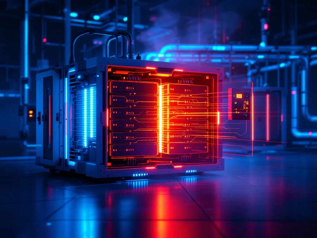 Doorsnede van batterij-energieopslagsysteem met rood oplichtende oververhitte module met koelsystemen en veiligheidsbewaking.