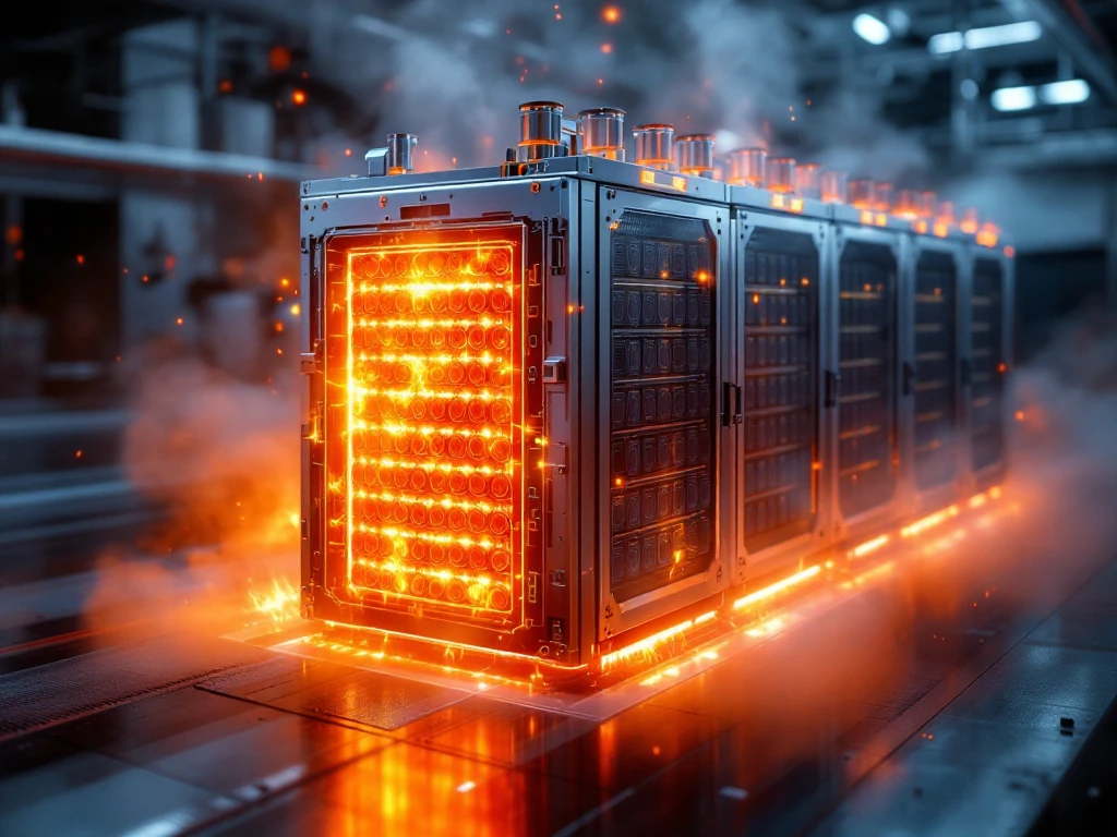 Battery energy storage system cross-section showing thermal runaway with glowing orange module and smoke in industrial facility