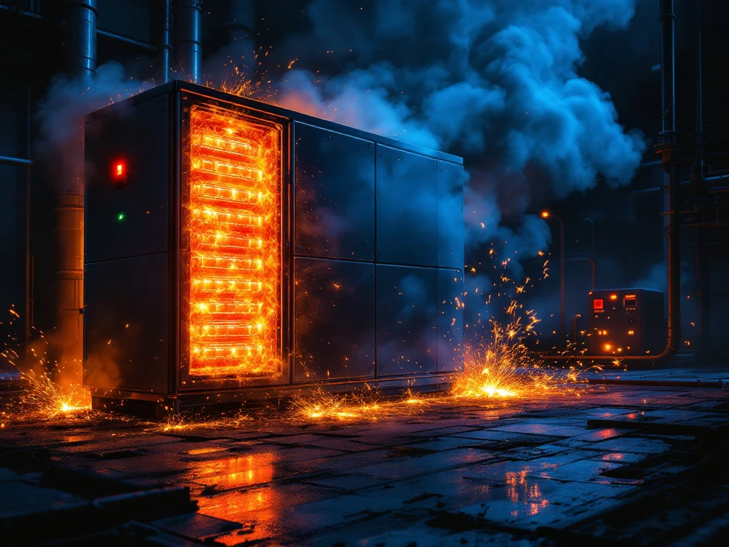 Batterijsysteem voor energieopslag met oververhitte module die oranjerood opgloeit en rook en elektrische vonken uitstoot in een industriële omgeving.