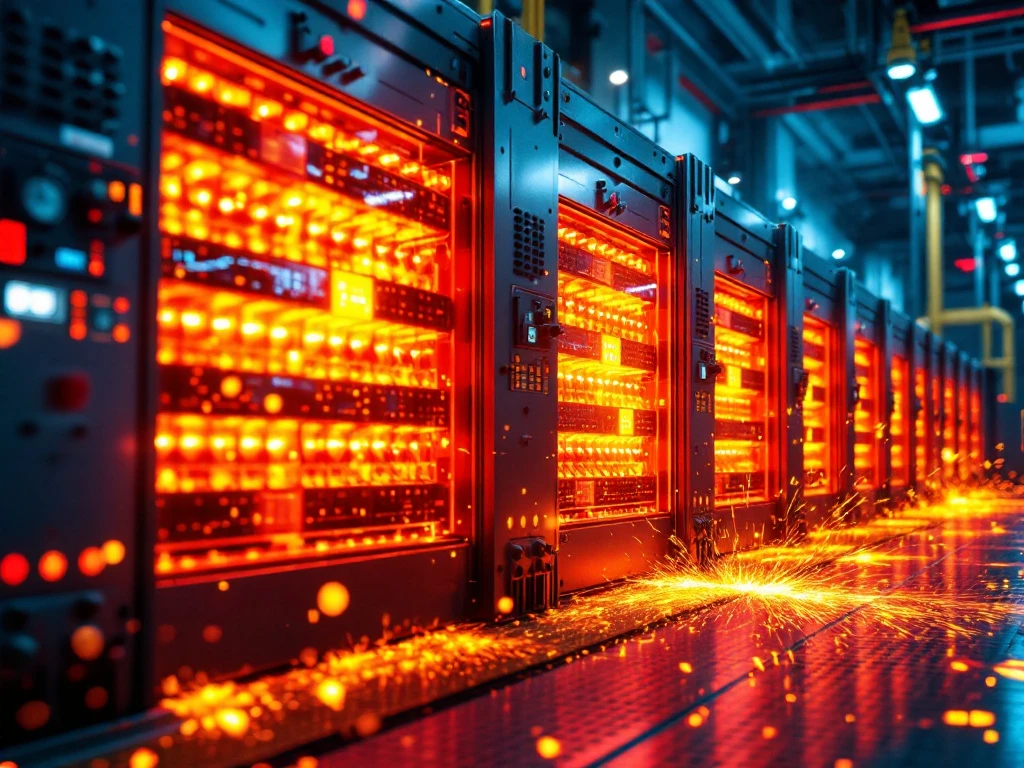 Batterijsysteem voor energieopslag loopt thermisch weg met oranje vlammen en vonken van industriële batterijmodules