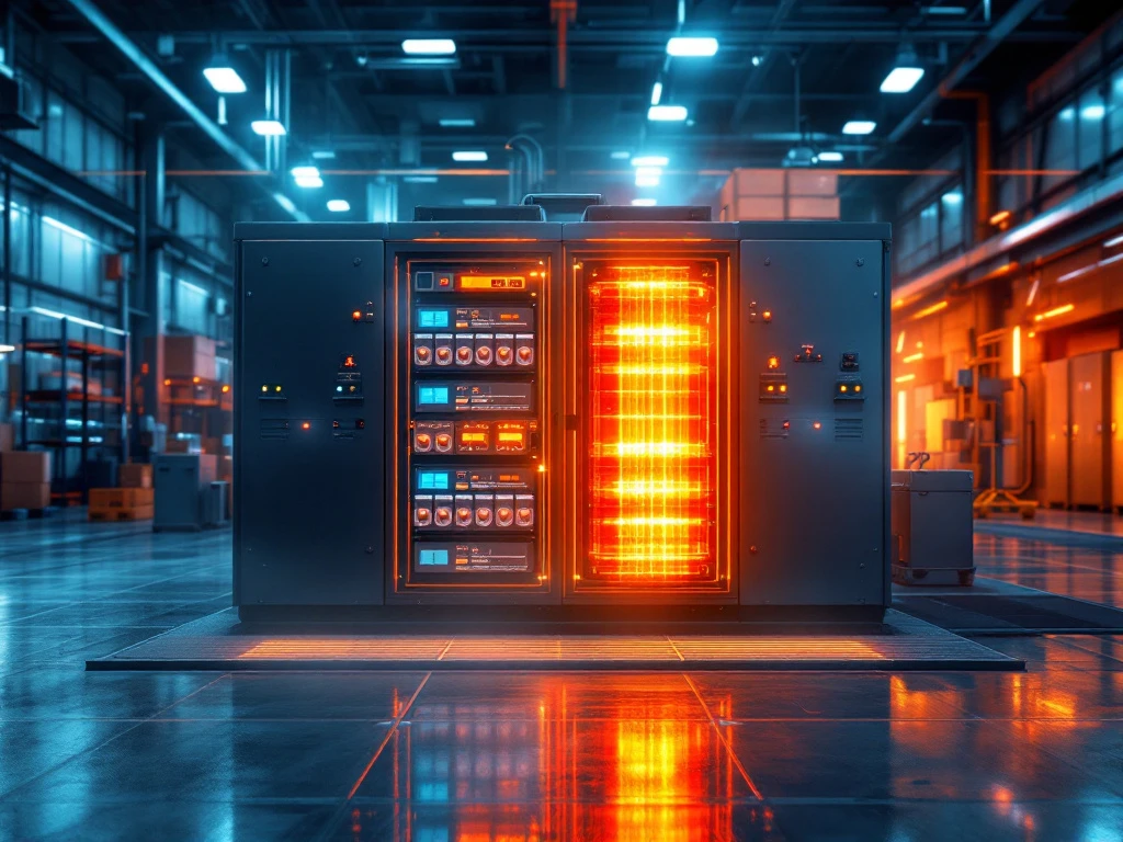 Split-screen vergelijking van energieopslagsystemen voor batterijen: gecontroleerde oververhitting met oranje waarschuwingen versus gevaarlijke thermische runaway met oranje gloed in een industrieel magazijn.