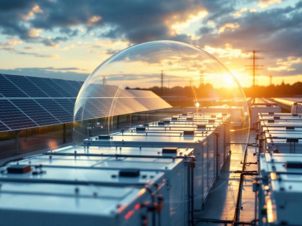 Industriële batterij-energieopslagfaciliteit met witte containers onder beschermende koepelafscherming, zonnepanelen en monitoringsystemen zichtbaar op gouden uur