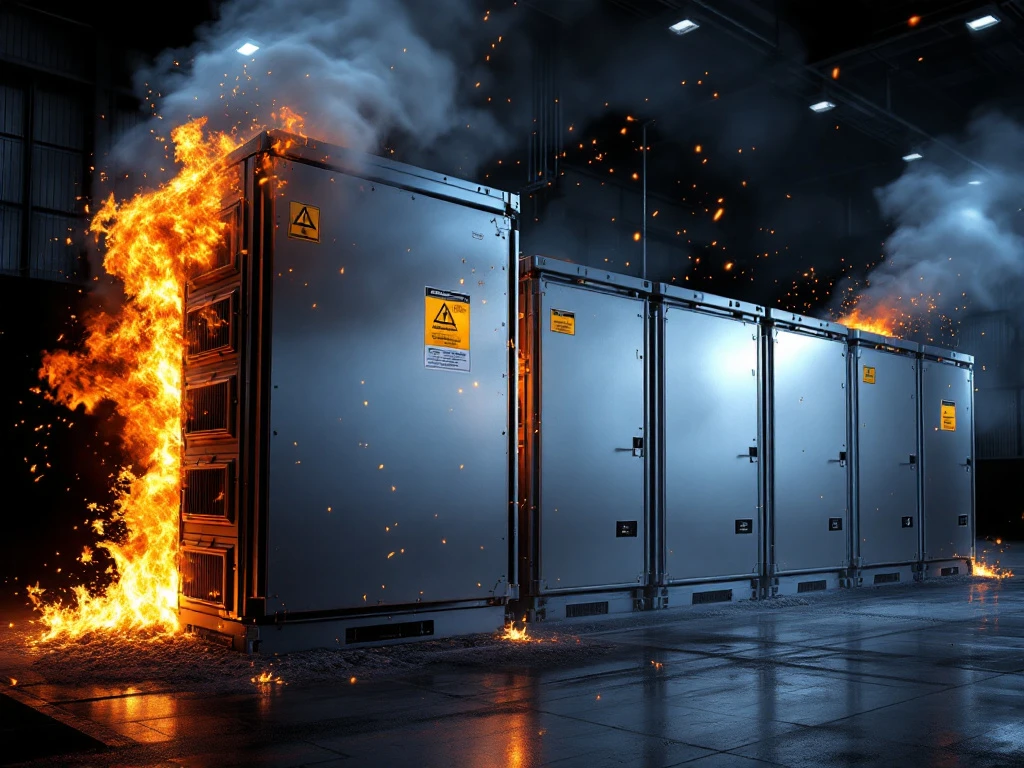 Industriële accu-opslag in brand met oranje vlammen en rook in magazijnnoodsituatie