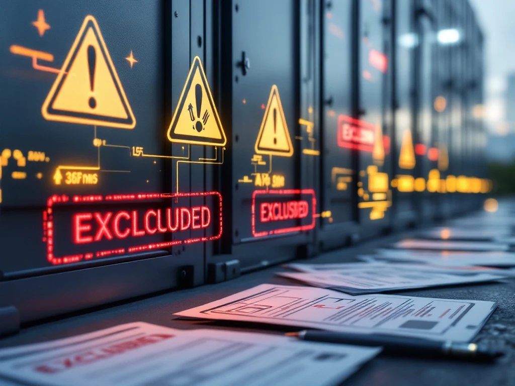 Industrial battery storage unit with holographic warning symbols and scattered insurance documents marked "EXCLUDED"