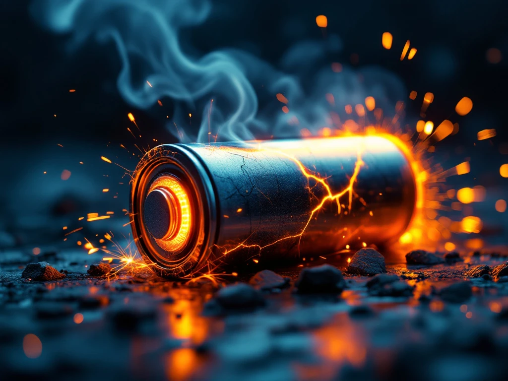 Beschadigde lithiumbatterijcel met oranje thermische gloed, rook en elektrische vonken die een kritiek veiligheidsrisico vormen