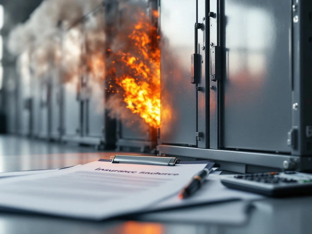 Industriële lithiumbatterij-opslag met oranje vlammen en rook, verzekeringspapieren en rekenmachine op bureau op voorgrond