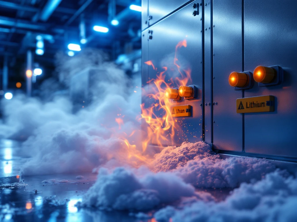 Grote lithiumbatterij-opslagunit met oranje vlammen bij ventilatieopeningen terwijl wit blusschuim wordt ingezet bij zonne-energiefaciliteit.