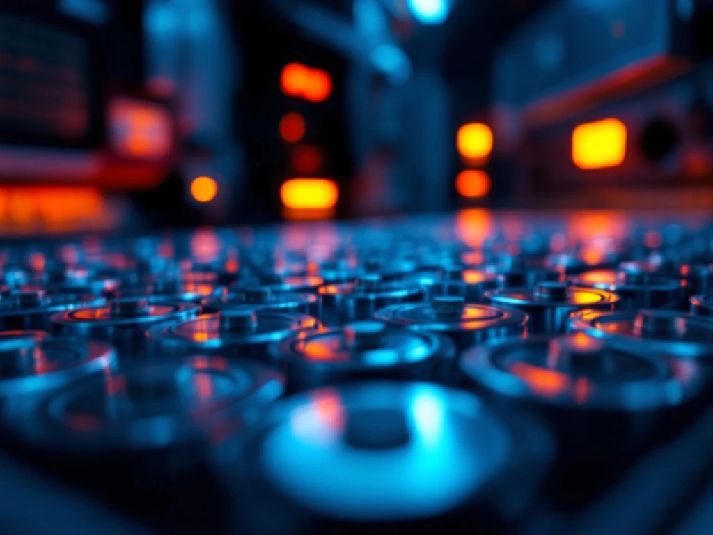 Lithium batteries in fireproof storage container with safety padding and warning symbols under dramatic lighting