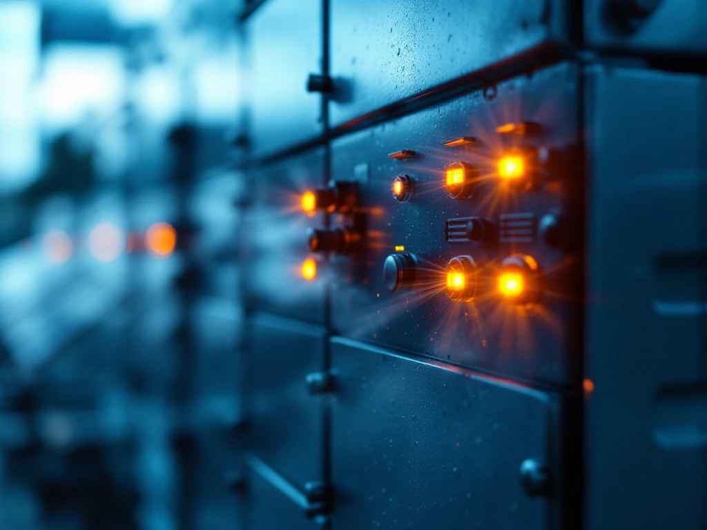 Large lithium battery storage unit showing overheating warning signs with amber indicator lights and thermal vapor