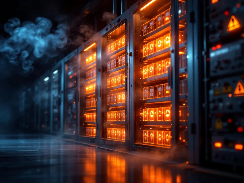 Opslagunit voor lithiumbatterijen met warmtevervorming, oranje waarschuwingsgloed en rook die veiligheidsrisico's aangeven in een industriële installatie.