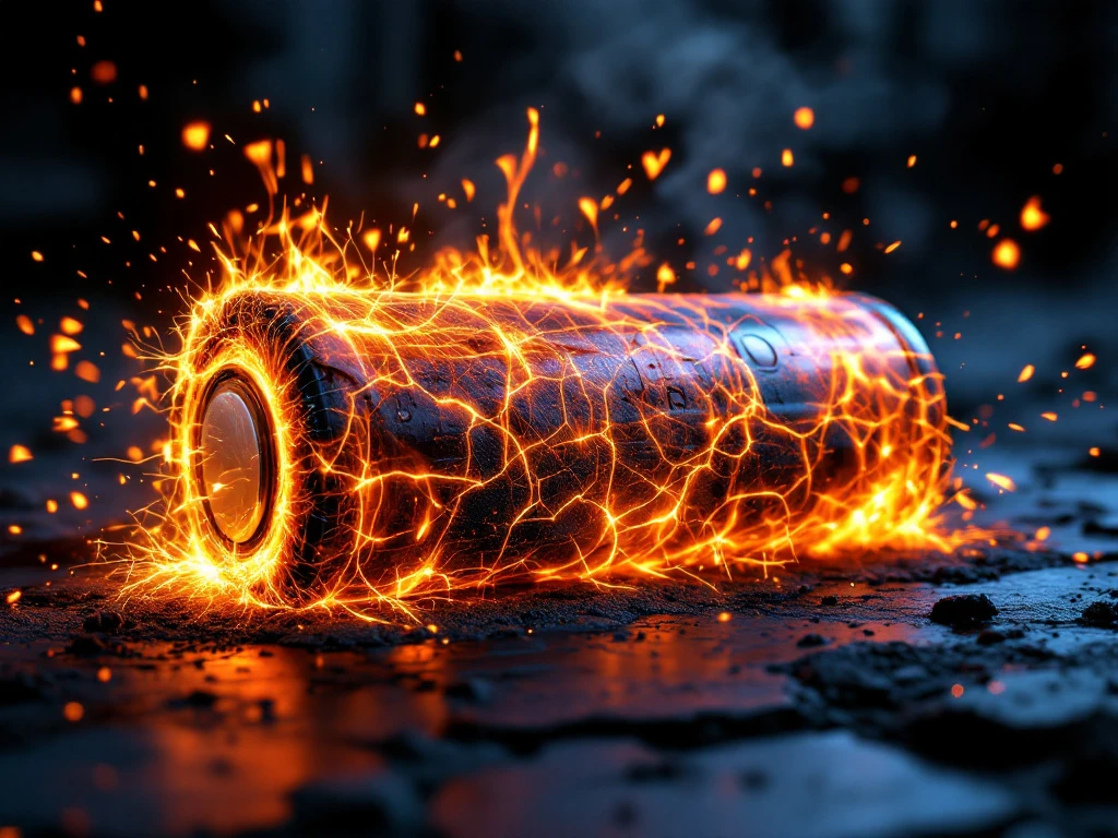 Beschadigde lithiumbatterijcel met oranje vlammen en vonken die een gevaarlijke thermische runaway laten zien tegen een donkere achtergrond.