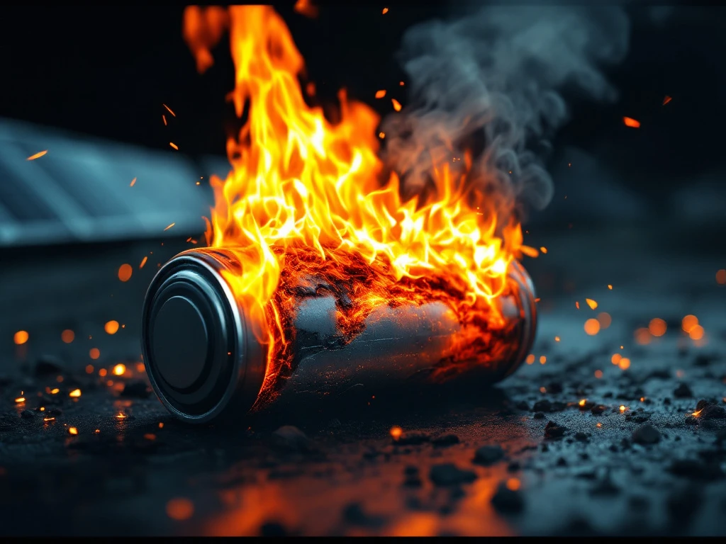 Swollen lithium-ion battery with thermal damage erupting in flames on industrial surface with sparks and smoke