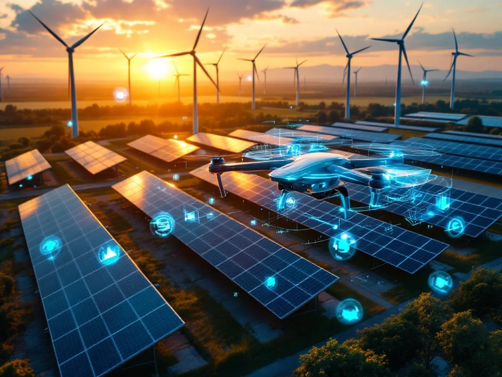 Luchtfoto van zonnepanelen en windturbines op faciliteit voor duurzame energie met onderhoudsdrone en digitale bewakingsdisplays.