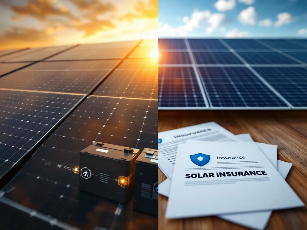Moderne zonnepanelen met batterijopslagsystemen naast verzekeringspolisdocumenten met beschermende schildpictogrammen